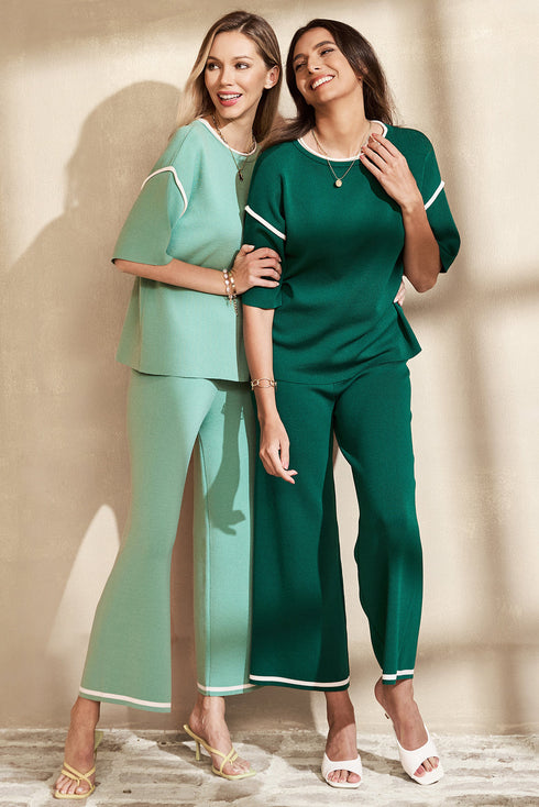 Contrast Trim Textured Knit Half Sleeve Drop Shoulder Drawstring Waist Wide Leg Two Piece Pant Set